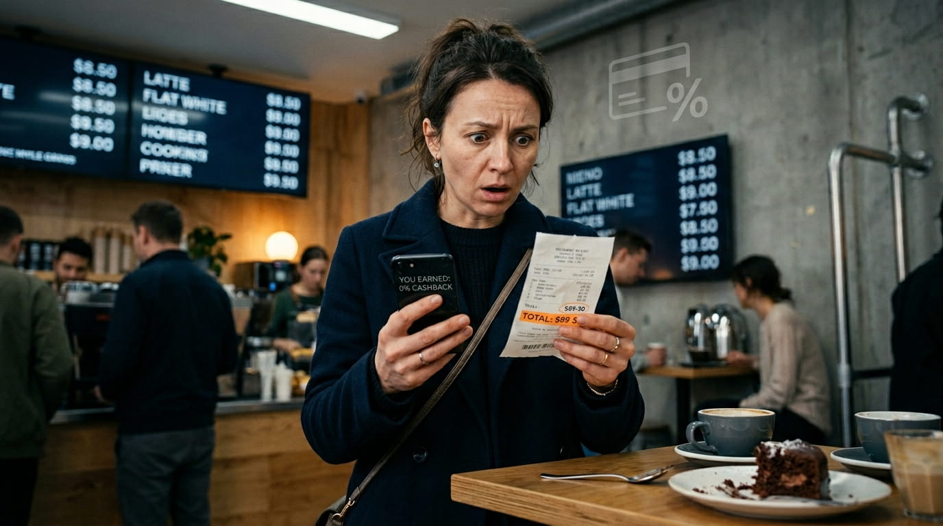 Молодая женщина в кафе с чеком и телефоном – растерянность от того, что кэшбэк не начисляется за ресторан.